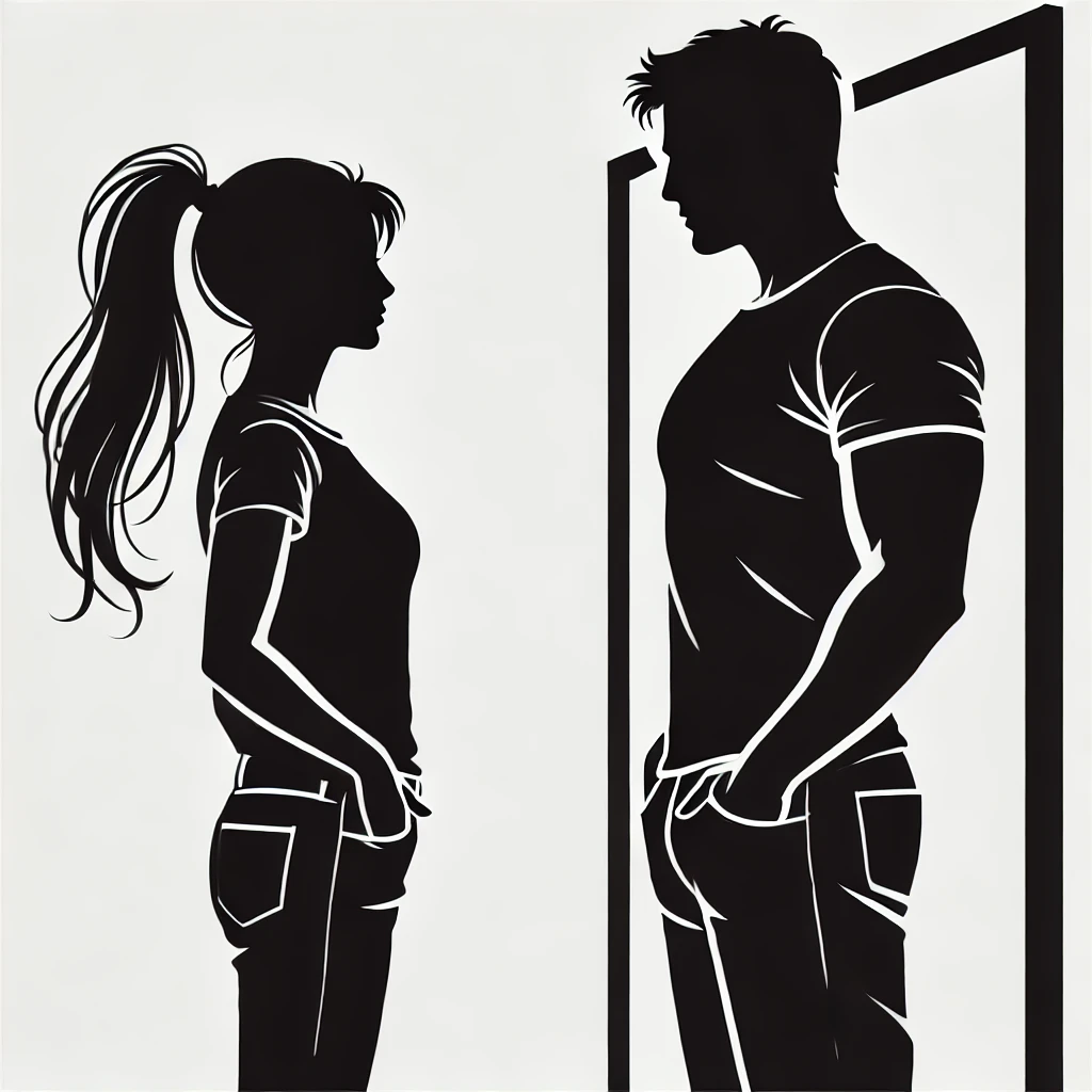 woman looking in mirror reflecting man representing women measuring themselves against male standards